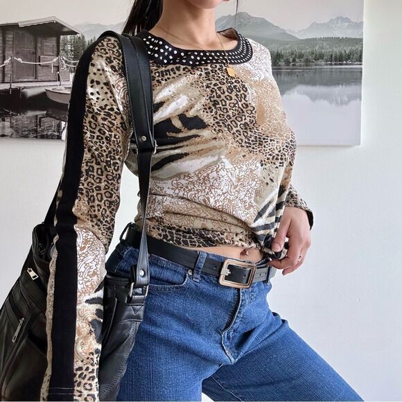 y2k studded tiger print cheetah print preppy casual long sleeves top - Picture 1 of 1